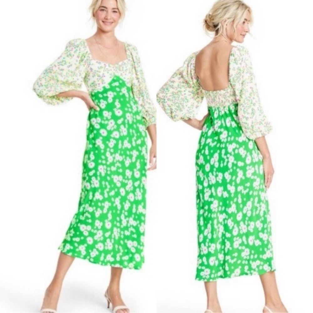 RIXO X TARGET Sz 2 Green Daisy Ditzy Midi Dress‎ Milkmaid Feminine Coquette